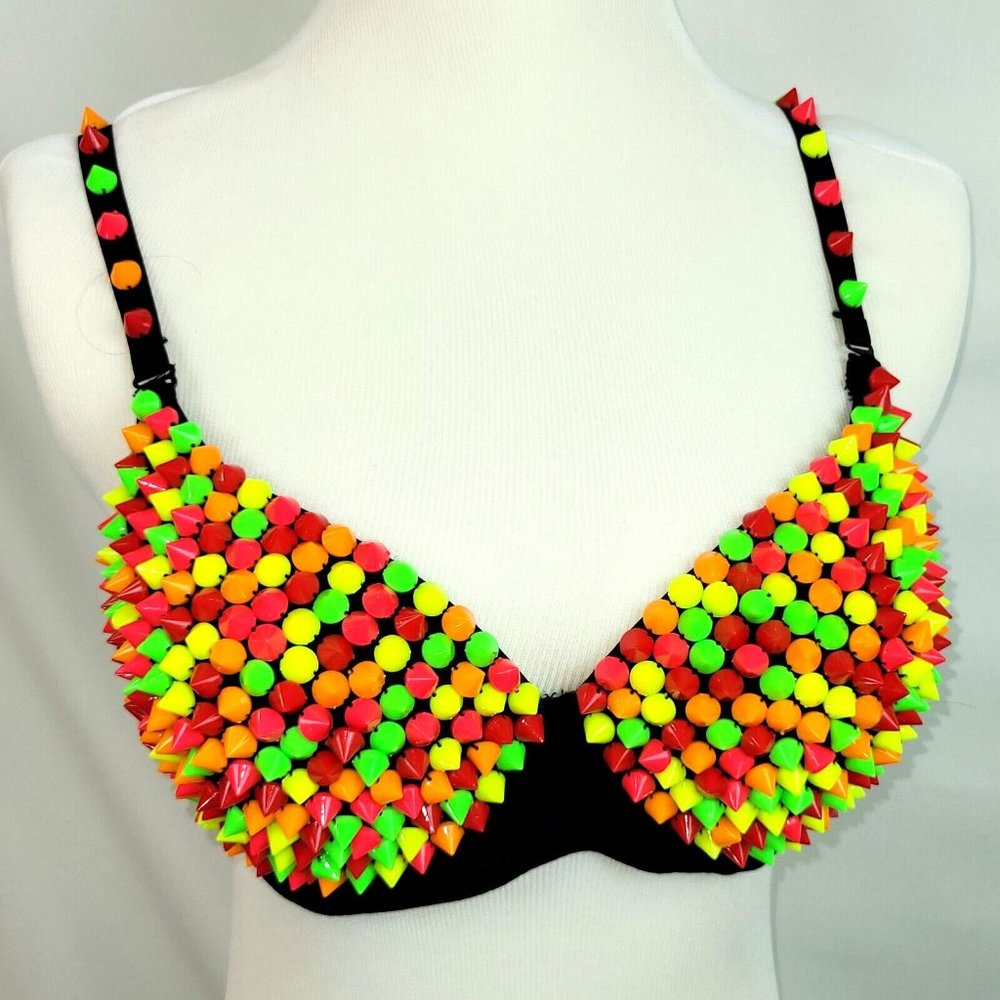 NWT L/XL Costume Dance Burlesque Bra Top Festival Rave GoGo Showgirl EDC UV Neon